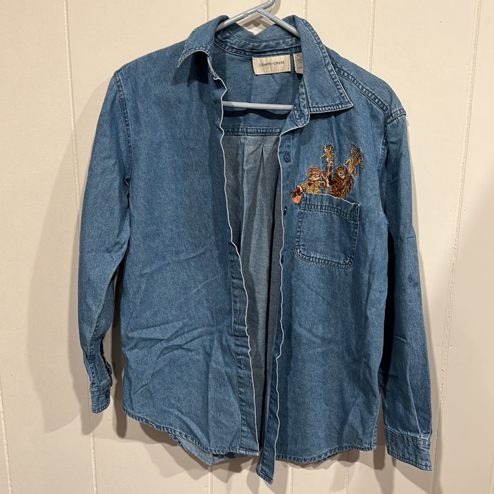 Vintage Fall Denim Embroidered Scarecrow Button Up